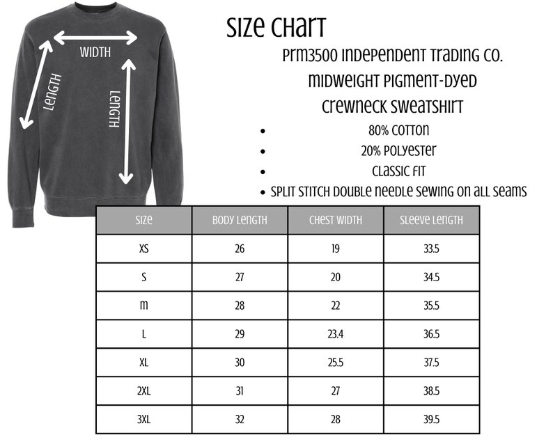 May include: A dark gray crewneck sweatshirt with a size chart. The size chart includes measurements for body length, chest width, and sleeve length in inches. The sweatshirt is made of 80% cotton and 20% polyester.