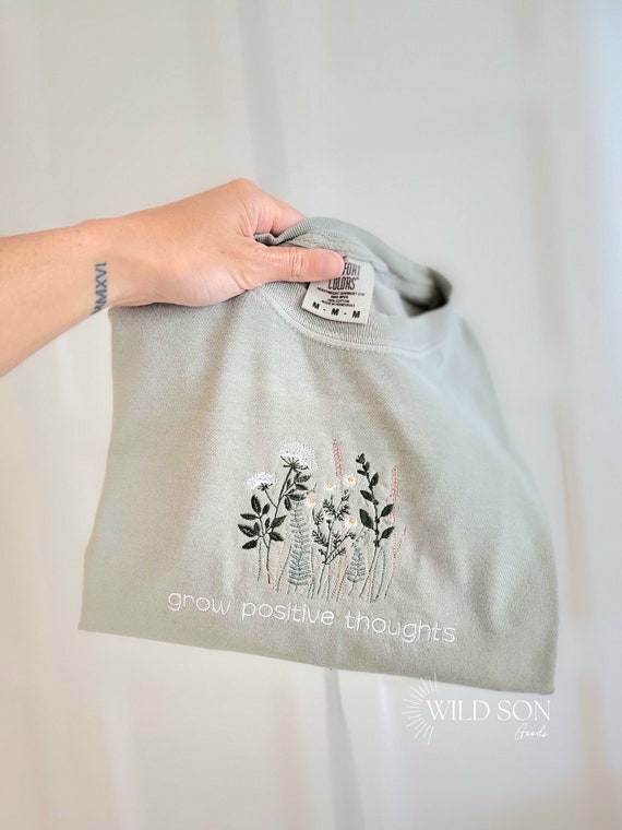 Custom Embroidered Grow Positive Thoughts Wildflower Custom Comfort Custom T Shirt-Personalized-Soft-High Quality