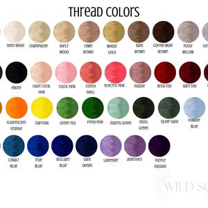 May include: A color chart displaying thread colors with names like "Natural White," "Ebony," and "Purple Passion." The chart is organized in rows and columns, showcasing a variety of hues for embroidery or crafting projects. The text "Thread Colors" is at the top.