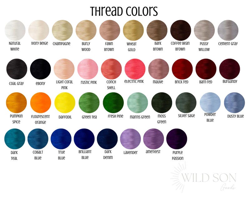 May include: A color chart displaying thread colors with names like "Natural White," "Ebony," and "Purple Passion." The chart is organized in rows and columns, showcasing a variety of hues for embroidery or crafting projects. The text "Thread Colors" is at the top.