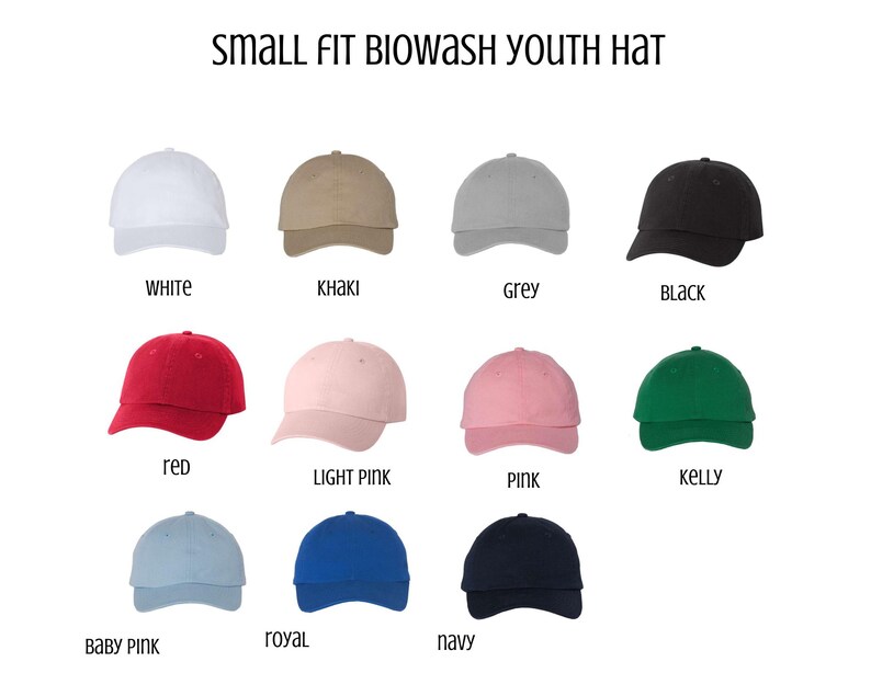 May include: A collection of small-fit, biowash youth hats in various colors. The hats are displayed in white, khaki, grey, black, red, light pink, pink, kelly green, baby pink, royal blue, and navy.