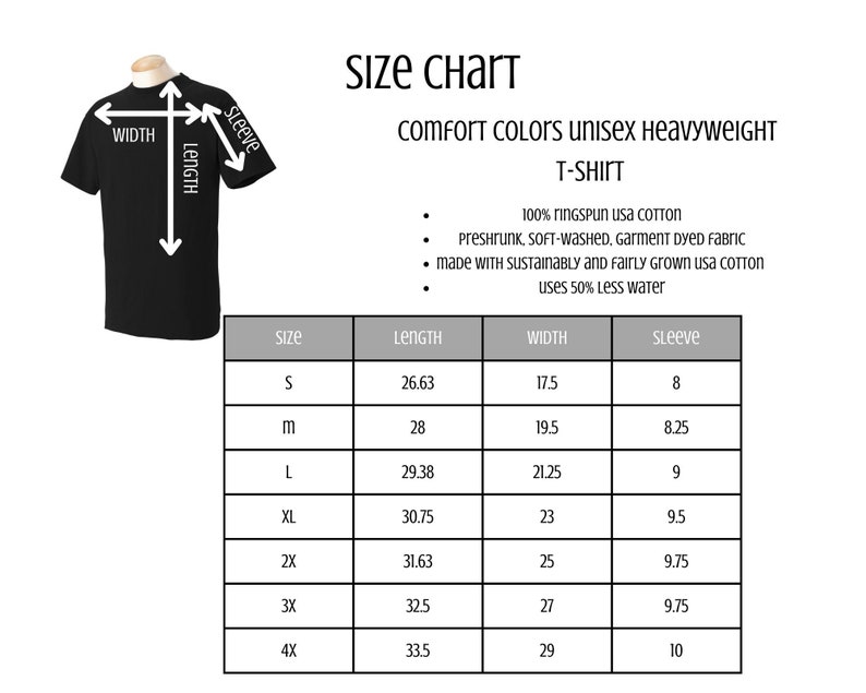 Puede incluir: Una camiseta negra exhibida en un maniqu&iacute;, con una tabla de tallas. La tabla detalla las medidas para las tallas S a 4XL, incluyendo largo, ancho y dimensiones de la manga en pulgadas. La camiseta es unisex, de peso pesado Comfort Colors, hecha de algod&oacute;n estadounidense.
