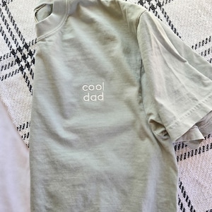 May include: A sage green t-shirt with the embroidered text "cool dad" in white. The shirt has short sleeves and a crew neck. The fabric appears soft and slightly wrinkled.