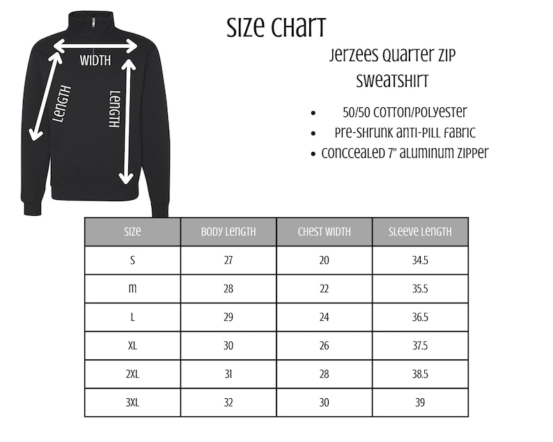 May include: Black quarter-zip sweatshirt with a size chart. The chart details body length, chest width, and sleeve length measurements for sizes S to 3XL. The sweatshirt is made of 50/50 cotton/polyester with a concealed 7" aluminum zipper.
