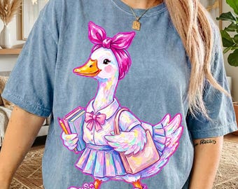 Back to School Goose PNG, Whimsical Coquette Brushstroke Goose Sublimation, Preppy Hand Painted Bow Teacher Png, First Day of School Png