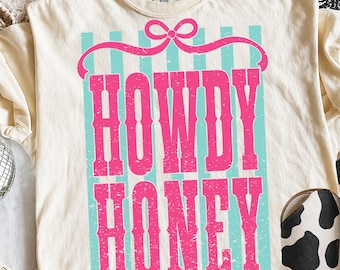 Howdy Honey PNG, Raised on 90s Country Striped PNG, Trendy Retro Western Country Girl Distressed Summer Design, Coquette Bow Cowgirl Graphic