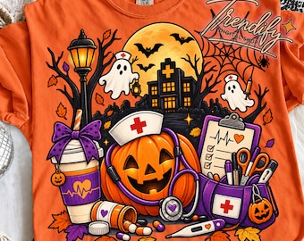 Halloween Nurse PNG, Spooky Ghost Nurse Sublimation, Pumpkin Medical Graphic, Cute Nursing Spooky Season Digital Download