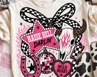 Raise Hell Darlin PNG, Western Cowgirl Coquette Sublimation, Bull Skull Disco Shirt Design, Checkered Rosette PNG, Wild Heart Country Girl PNG