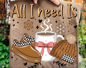 All I Need Is Coffee PNG, Funny Festive Fall Coffee Lover Sublimation, Retro Girly Soft Drink Clipart, Coquette Bow Christmas Coffee Png
