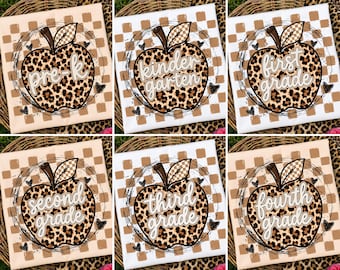Preppy Back to School PNG Bundle, 6 Leopard Apple Grade Shirt Designs, Pre-K to Fourth Grade, Kindergarten Teacher Sublimation Download Pack