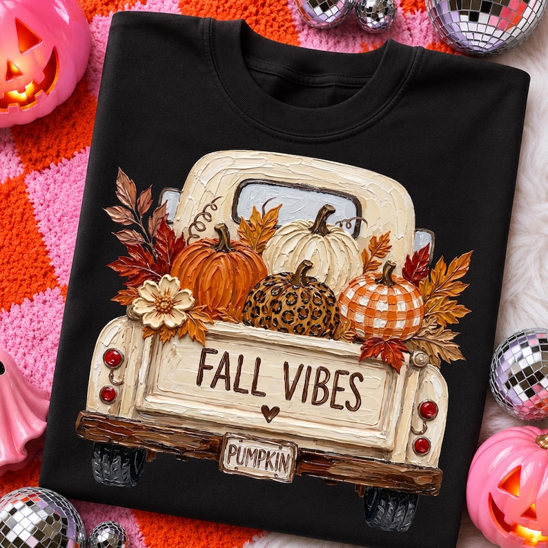 May include: A black t-shirt featuring a graphic of a cream-colored pickup truck carrying various pumpkins, autumn leaves, and a flower. The truck tailgate displays the text FALL VIBES with a small heart and a license plate reading PUMPKIN.