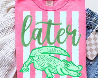 Everyday Later Gator, Preppy Summer Sublimation, Coastal Watercolor Stripes Design, Girly Alligator Graphic, Trendy Women Kid Graphic Png