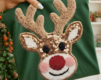 PNG de reno navideño, PNG de Rodolfo el reno con lentejuelas, Reno de ganchillo de hilo, Diseño acogedor de reno navideño, Sublimación festiva, Descarga digital navideña