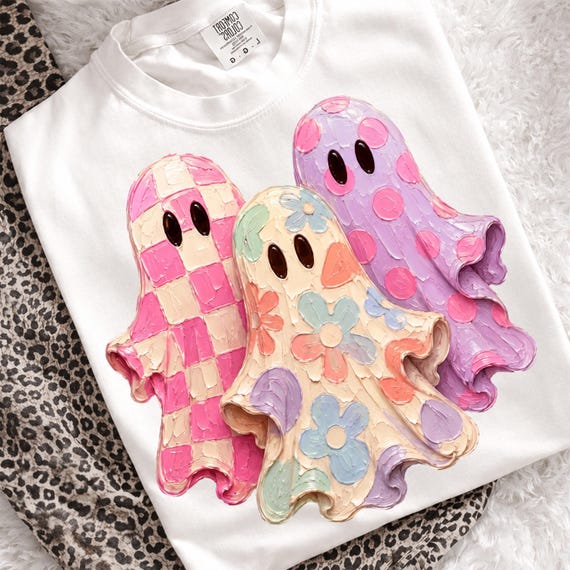 Retro Ghost PNG, Cute Pastel Halloween Ghost Trio, Pink Checkerboard Floral Spooky Season Graphic, Girly Groovy Oil Painted Digital Download