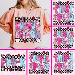 Back to School Bundle Png, Floral Teacher First Day of School Shirt Design, Girly Checkered Sublimation, Pre-K Kindergarten 1st Grade Png