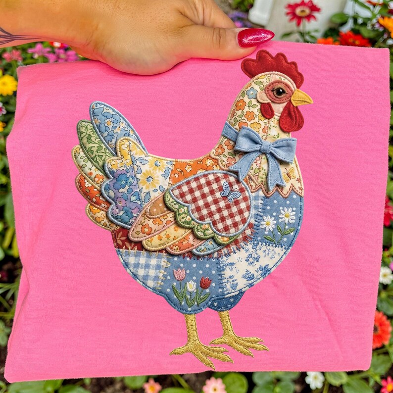 Peut inclure: Un t-shirt rose avec un motif de poulet patchwork. Le poulet a une cr&ecirc;te rouge, un bec jaune et un n&oelig;ud bleu. Le patchwork comprend des tissus floraux, &agrave; carreaux et &agrave; motifs. Les pattes du poulet sont jaunes.