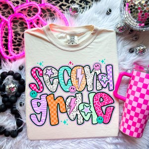 Back To School Second Grade PNG, Preppy Grade Level Sublimation, 2nd Grade Star Lightning Bolt Checker Dalmatian Doodle Digital File