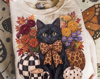 Fall Black Cat PNG, Leopard Bow Cat Sublimation, Halloween Cat Coquette Pumpkin Shirt Design, Cozy Autumn Sublimation,Fall Png Designs Girly