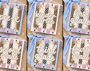 Preppy Back To School Pencil Png Bundle, Leopard Checkered Teacher PNG, Pre-K To Fourth Grade Design, School Girl Png, First Day Of School