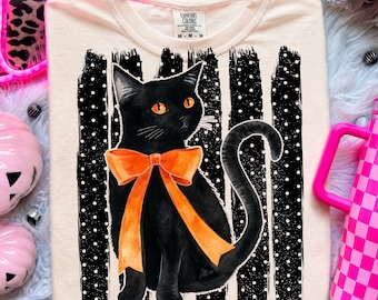 Halloween Black Cat PNG, Orange Bow with Polka Dot Stripes, Cute Spooky Cat Shirt Design, Vintage Watercolor Sublimation, Cat Lover Download