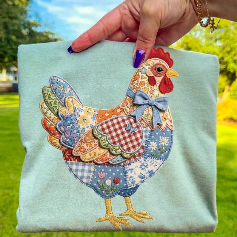 Peut inclure: Un t-shirt bleu clair avec un motif de poule patchwork. La poule a une cr&ecirc;te rouge, un n&oelig;ud bleu et des sections de corps et d'ailes dans divers tissus &agrave; motifs floraux. Les pattes de la poule sont jaunes.