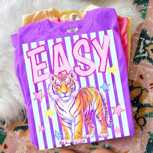 May include: A stack of colorful t-shirts. The top shirt is purple with the word "EASY" in pink and a tiger graphic. Other shirts are yellow and pink. The shirts are on a patterned rug.