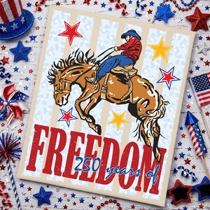May include: A rectangular sign featuring a bucking brown horse with a rider in a red shirt and blue jeans. The background has light blue stripes and stars. The text reads FREEDOM 250 years of in large red and blue stylized lettering.