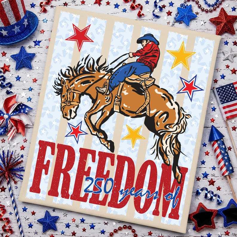 May include: A rectangular sign featuring a bucking brown horse with a rider in a red shirt and blue jeans. The background has light blue stripes and stars. The text reads FREEDOM 250 years of in large red and blue stylized lettering.