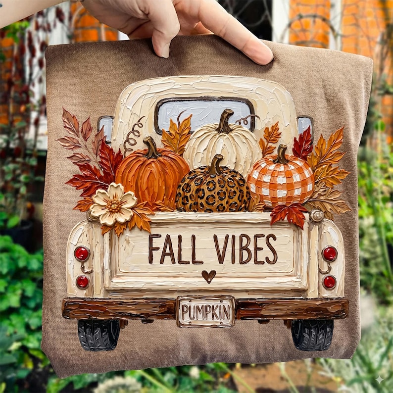 May include: A brown t-shirt featuring a graphic of a vintage truck bed filled with pumpkins, autumn leaves, and a flower. The truck tailgate displays the text FALL VIBES with a small heart, and the license plate reads PUMPKIN.