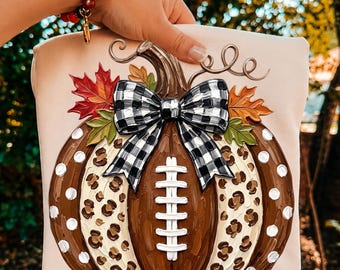 Leopard Pumpkin Football PNG, Checkerboard Bow Fall Sports Sublimation, Game Day Season Graphic, Football Mom Club, High School Football Png