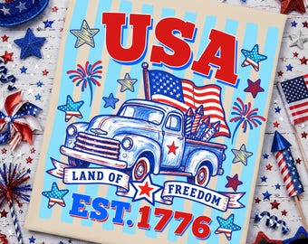 USA Est 1776 PNG, Patriotic Truck 4th of July Sublimation, Land of Freedom Shirt Design, Vintage Truck PNG, Independence Day 2026 Png