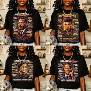 Op de afbeelding: Vier zwarte t-shirts met portretten van burgerrechtenleiders. De shirts tonen afbeeldingen van Martin Luther King Jr., Muhammad Ali, Rosa Parks en Malcolm X, met tekst over hun nalatenschap.