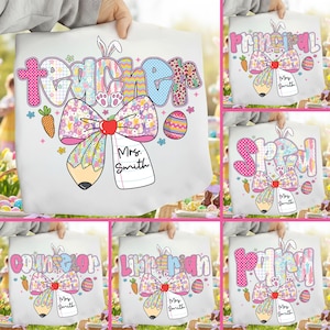 May include: White tote bag with the word "Teacher" in colorful letters, bunny ears, and a pencil bow. Includes a carrot, Easter egg, and a tag that says "Mrs. Smith". A great gift for teachers.