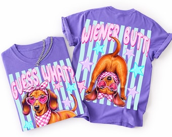Guess What Wiener Butt PNG, Funny Dachshund Sublimation, Preppy Dog Mom Shirt PNG, Front and Back Doxie Tshirt Design, Trending Stripes PNG