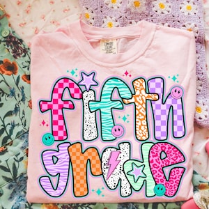 Back To School Fifth Grade PNG, Preppy Grade Level Sublimation, 5th Grade Star Lightning Bolt Checker Dalmatian Doodle Digital File