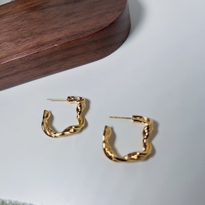Twisted Gold Square Hoop Earrings, Chunky Minimalist Earrings, Geometric Gold Plated Hoops, Everyday Statement Jewelry Gift for Her