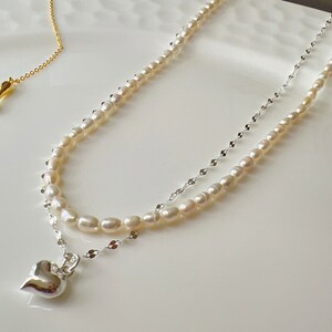 Sterling Silver and Freshwater Pearl Necklace with Heart Charm,Double Layer, Dainty Style,Elegant Style Necklace,Fashion Necklace,Gift