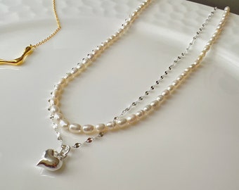 Sterling Silver and Freshwater Pearl Necklace with Heart Charm,Double Layer, Dainty Style,Elegant Style Necklace,Fashion Necklace,Gift