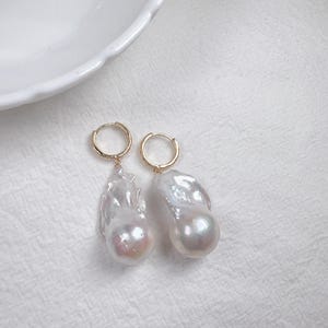 Orecchini a cerchio con perle barocche, grandi orecchini pendenti con perle d&#39;acqua dolce, placcati in oro 14 carati, gioielli da sposa, regalo di nozze unico per lei