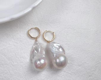 Baroque Pearl Hoop Earrings, 14K Gold Filled, Bridal Jewelry