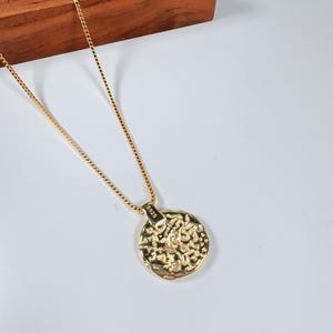 Textured Gold Coin Pendant Necklace, Shiny Round Pendant, Dainty Gold Medallion Necklace, Gold Plated, Elegant for Everyday