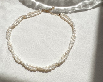 Double Layer Elegant Pearl Choker, Classic, French Vintage Style, Minimalist, Dainty Style, Rice Pearl, 2.5mm-3mm, Gift