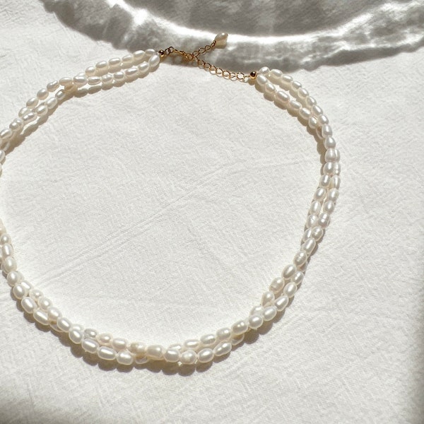 Gargantilla de perlas elegante de doble capa, estilo vintage francés, minimalista, estilo delicado, perla de arroz natural, 2,5 mm-3 mm
