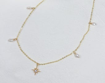 Gold Star Necklace, Freshwater Pearl Charm, Dainty Celestial Jewelry