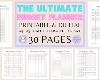 May include: A collection of printable budget planner pages. The pages include trackers for bi-weekly budgets, income, expenses, bill payments, debt, savings, and more. The title "THE ULTIMATE BUDGET PLANNER" is displayed in a colorful font. The planner is available in A4, A5, half letter, and letter sizes.