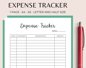 May include: Printable expense tracker PDF template in black and white. The template has columns for date, category, description, and amount. The text "Expense Tracker" is at the top of the page. The text "MONTH" is at the top of the page. The text "TOTAL $ " is at the bottom of the page.