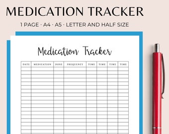 Medication Tracker Printable, Medication Schedule, Medication Template, Medication Log, Pill Tracker, Vitamin Tacker HalfLetter/Letter/A4/A5