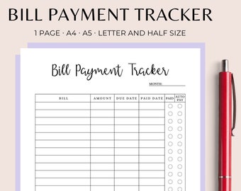 Bill Payment Tracker, Monthly Bill Payment Tracker, Editable Bill Planner, Bill Payment Tracker Printable, PDF Half Letter/Letter Size/A4/A5