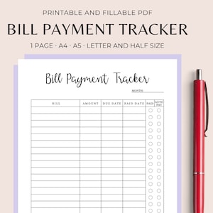 May include: Printable bill payment tracker in black and white. The tracker has columns for bill name, amount, due date, paid date, and auto pay. The tracker has 25 rows for bills.