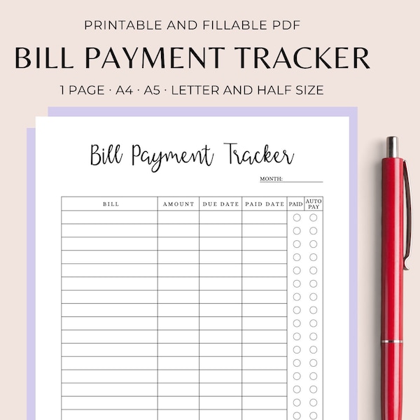 Bill Payment Tracker, maandelijkse Bill Payment Tracker, bewerkbare Bill Planner, Bill Payment Tracker Printable, PDF Half Letter/Letter Size/A4/A5